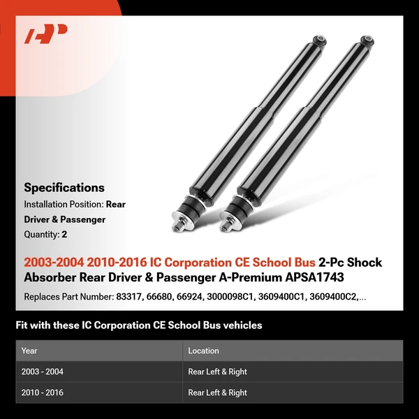 2003-2004 2010-2016 IC Corporation CE School Bus 2-Pc Shock Absorber Rear Driver & Passenger A-Premium APSA1743