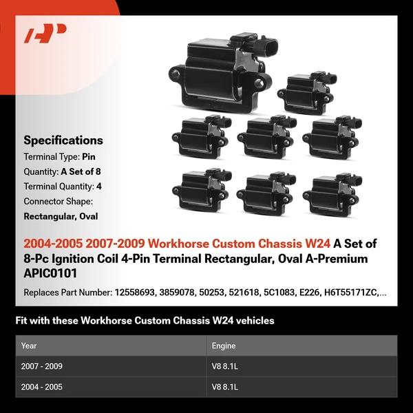 2004-2005 2007-2009 Workhorse Custom Chassis W24 A Set of 8-Pc Ignition Coil 4-Pin Terminal Rectangular, Oval A-Premium APIC0101