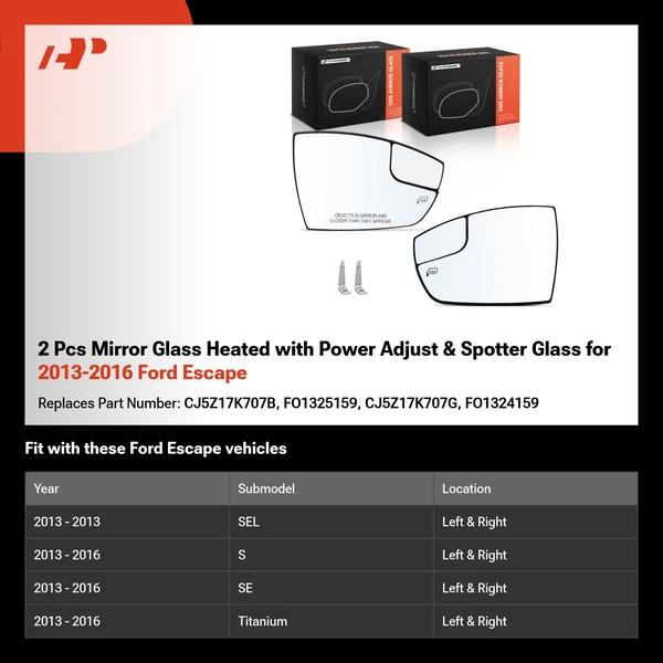 2 Pcs Mirror Glass Heated with Power Adjust & Spotter Glass for 2013-2016 Ford Escape