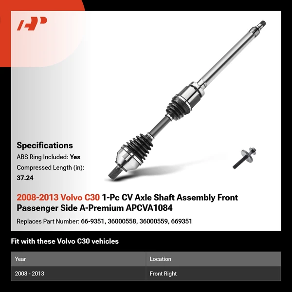 2008-2013 Volvo C30 1-Pc CV Axle Shaft Assembly Front Passenger Side A-Premium APCVA1084