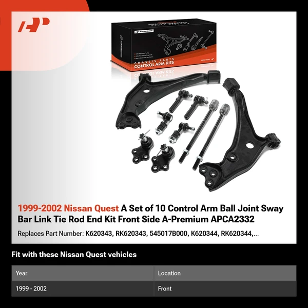 1999-2002 Nissan Quest A Set of 10 Control Arm Ball Joint Sway Bar Link Tie Rod End Kit Front Side A-Premium APCA2332