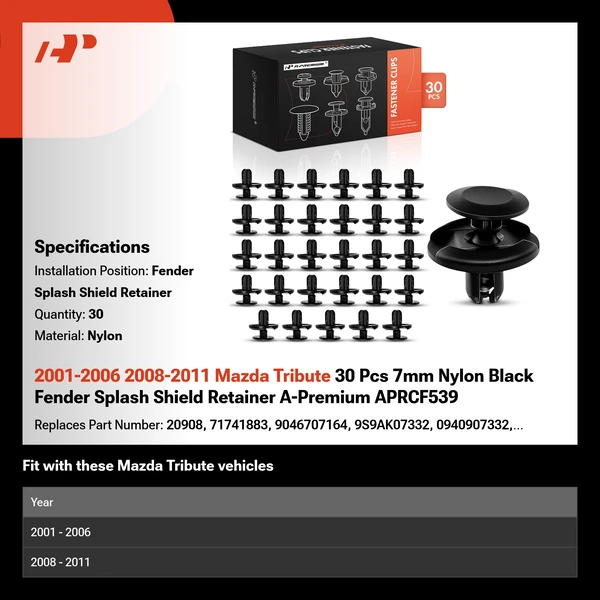 2001-2006 2008-2011 Mazda Tribute 30 Pcs 7mm Nylon Black Fender Splash Shield Retainer A-Premium APRCF539
