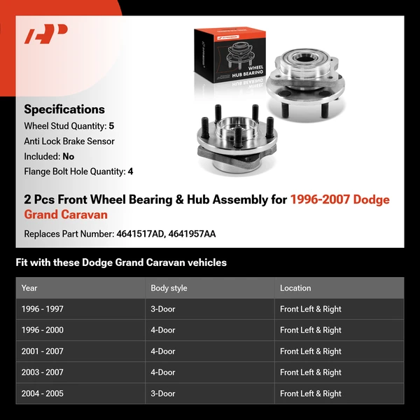 2 Pcs Front Wheel Bearing & Hub Assembly for 1996-2007 Dodge Grand Caravan