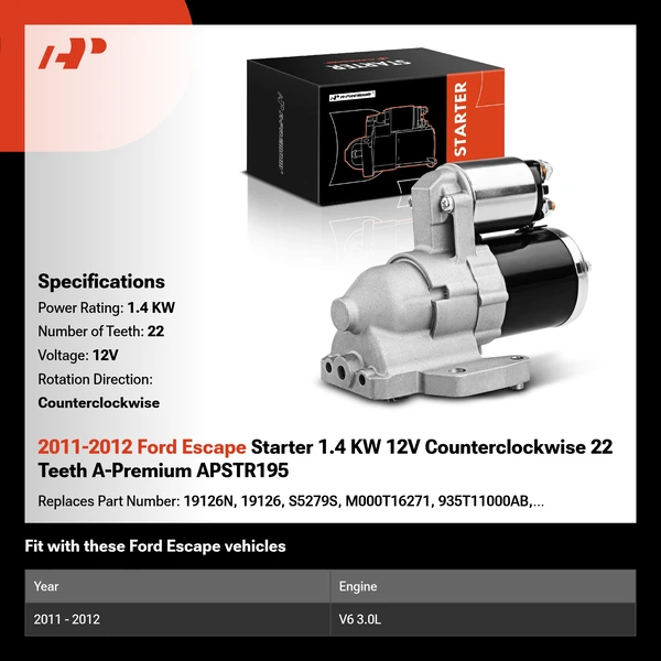 2011-2012 Ford Escape Starter 1.4 KW 12V Counterclockwise 22 Teeth A-Premium APSTR195