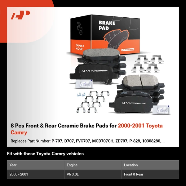 8 Pcs Front & Rear Ceramic Brake Pads for 2000-2001 Toyota Camry