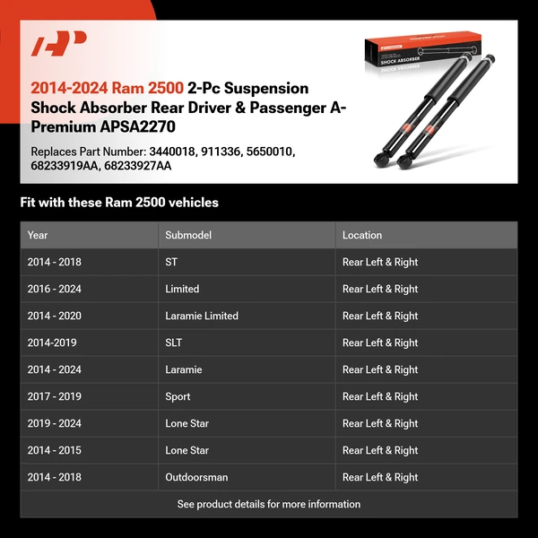 2014-2024 Ram 2500 2-Pc Suspension Shock Absorber Rear Driver & Passenger A-Premium APSA2270