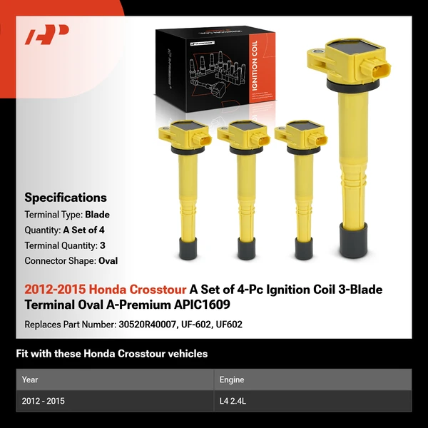 2012-2015 Honda Crosstour A Set of 4-Pc Ignition Coil 3-Blade Terminal Oval A-Premium APIC1609