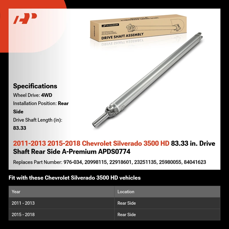 2011-2013 2015-2018 Chevrolet Silverado 3500 HD 83.33 in. Drive Shaft Rear Side A-Premium APDS0774