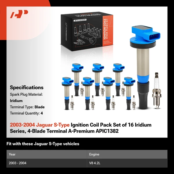 2003-2004 Jaguar S-Type Ignition Coil Pack Set of 16 Iridium Series, 4-Blade Terminal A-Premium APIC1382