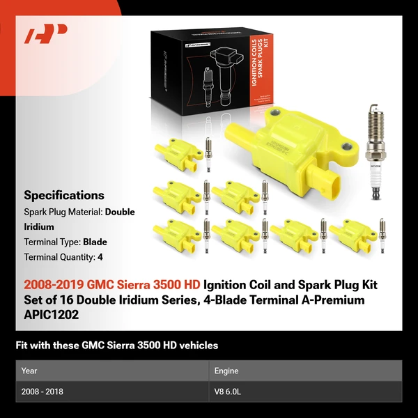 2008-2019 GMC Sierra 3500 HD Ignition Coil and Spark Plug Kit Set of 16 Double Iridium Series, 4-Blade Terminal A-Premium APIC1202