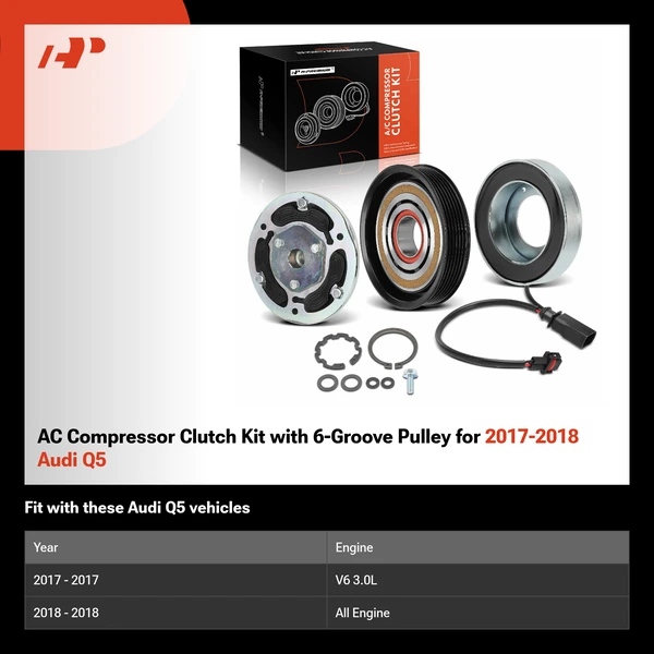 AC Compressor Clutch Kit with 6-Groove Pulley for 2017-2018 Audi Q5