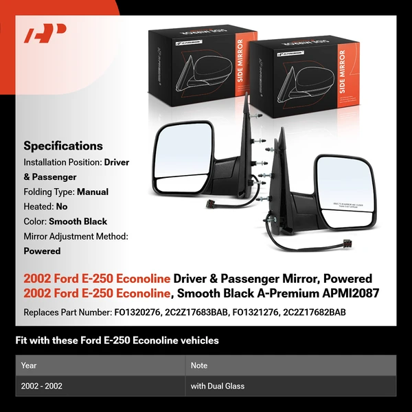 2002 Ford E-250 Econoline Driver & Passenger Mirror, Powered 2002 Ford E-250 Econoline, Smooth Black A-Premium APMI2087