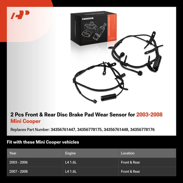 2 Pcs Front & Rear Disc Brake Pad Wear Sensor for 2003-2008 Mini Cooper