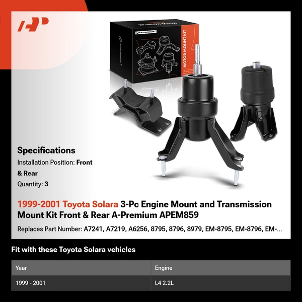1999-2001 Toyota Solara 3-Pc Engine Mount and Transmission Mount Kit Front & Rear A-Premium APEM859