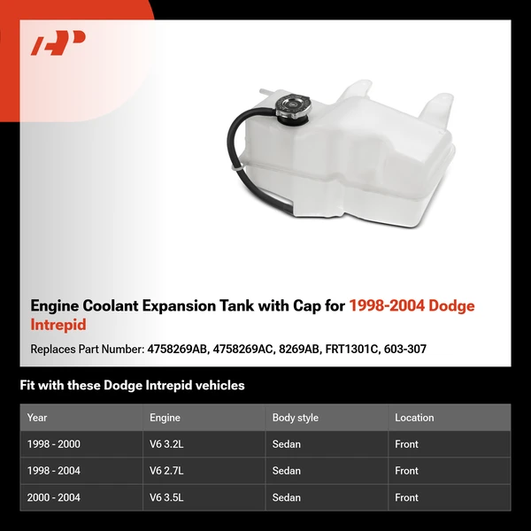 Engine Coolant Expansion Tank with Cap for 1998-2004 Dodge Intrepid