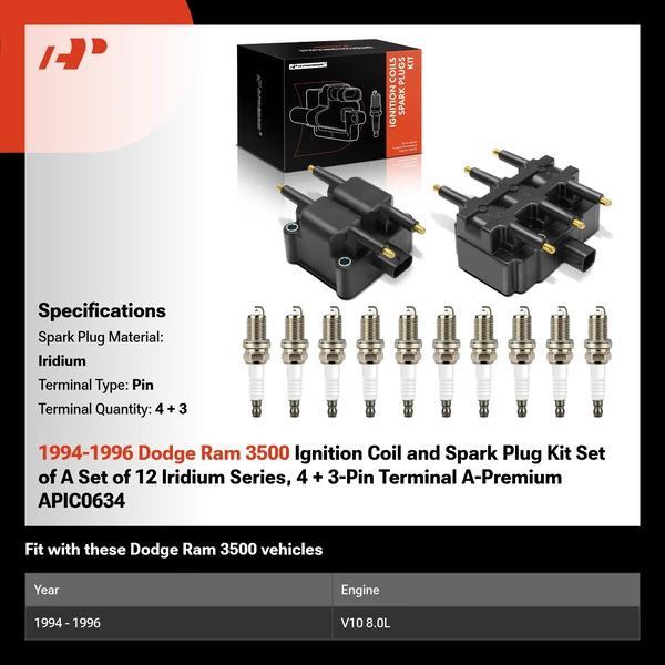 1994-1996 Dodge Ram 3500 Ignition Coil and Spark Plug Kit Set of A Set of 12 Iridium Series, 4 + 3-Pin Terminal A-Premium APIC0634