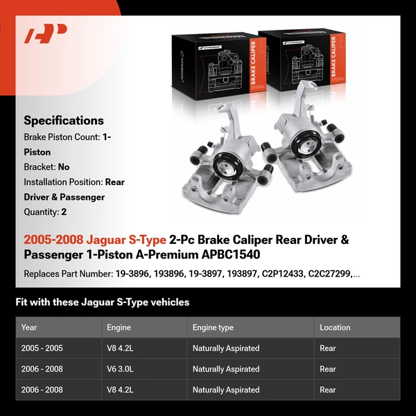 2005-2008 Jaguar S-Type 2-Pc Brake Caliper Rear Driver & Passenger 1-Piston A-Premium APBC1540