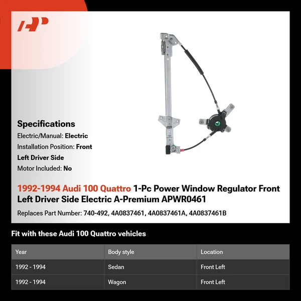 1992-1994 Audi 100 Quattro 1-Pc Power Window Regulator Front Left Driver Side Electric A-Premium APWR0461