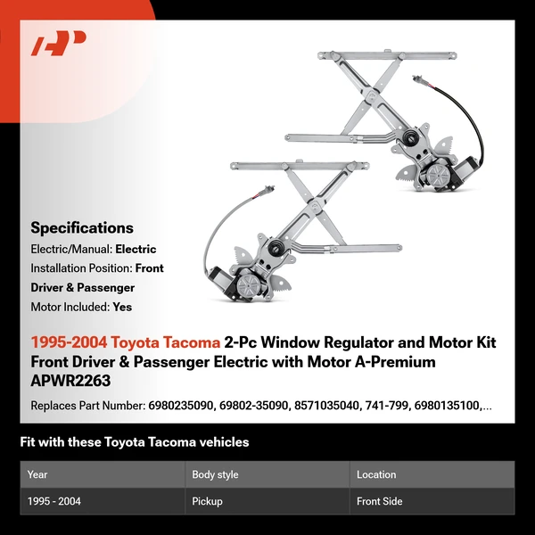 1995-2004 Toyota Tacoma 2-Pc Window Regulator and Motor Kit Front Driver & Passenger Electric with Motor A-Premium APWR2263