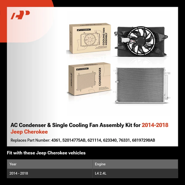 AC Condenser & Single Cooling Fan Assembly Kit for 2014-2018 Jeep Cherokee