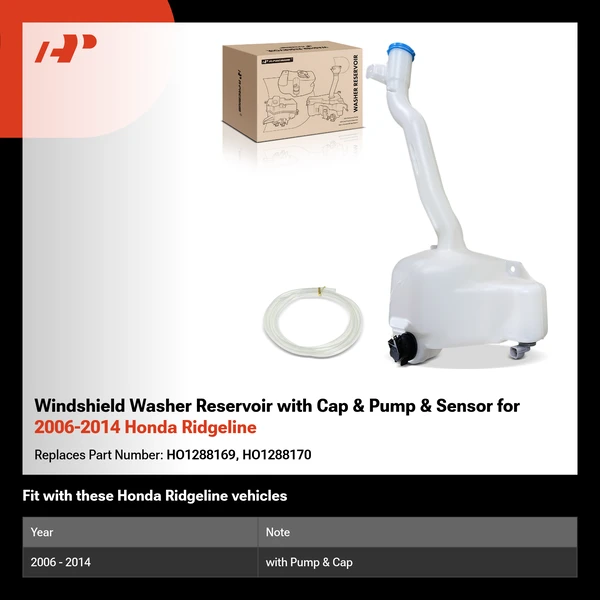 Windshield Washer Reservoir with Cap & Pump & Sensor for 2006-2014 Honda Ridgeline