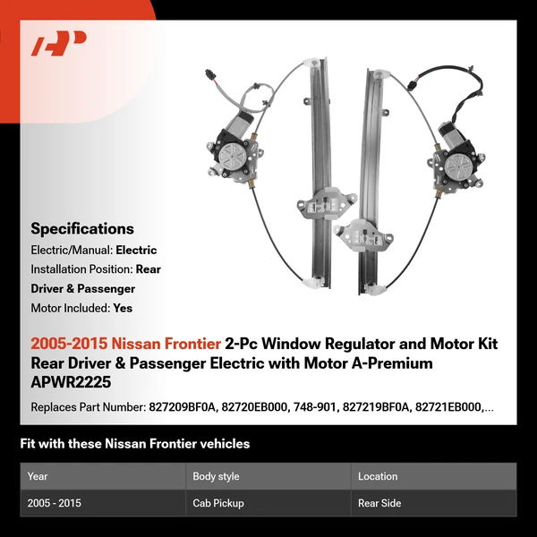 2005-2015 Nissan Frontier 2-Pc Window Regulator and Motor Kit Rear Driver & Passenger Electric with Motor A-Premium APWR2225