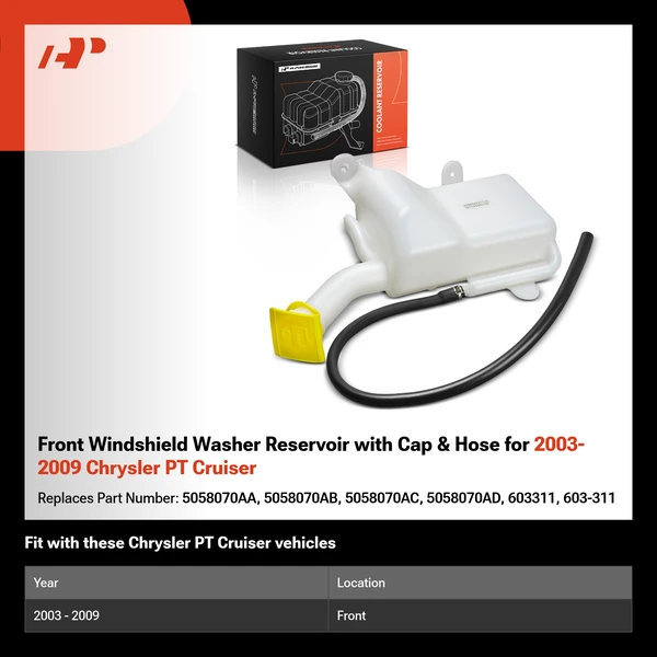 Front Windshield Washer Reservoir with Cap & Hose for 2003-2009 Chrysler PT Cruiser