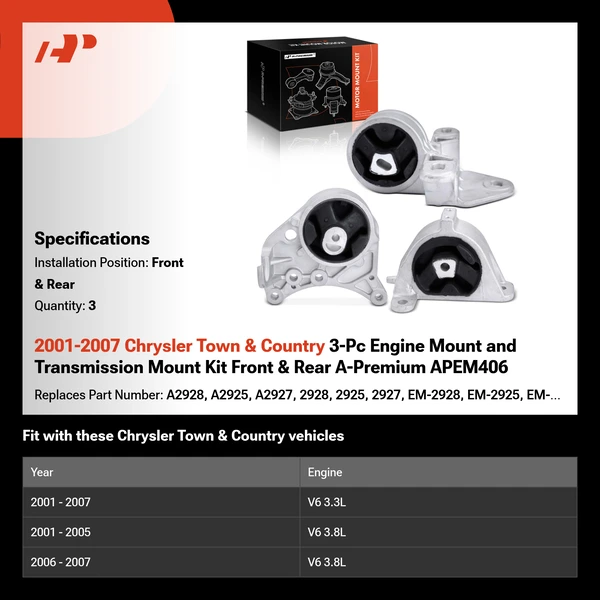 2001-2007 Chrysler Town & Country 3-Pc Engine Mount and Transmission Mount Kit Front & Rear A-Premium APEM406