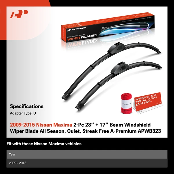 2009-2015 Nissan Maxima 2-Pc 28″ + 17″ Beam Windshield Wiper Blade All Season, Quiet, Streak Free A-Premium APWB323