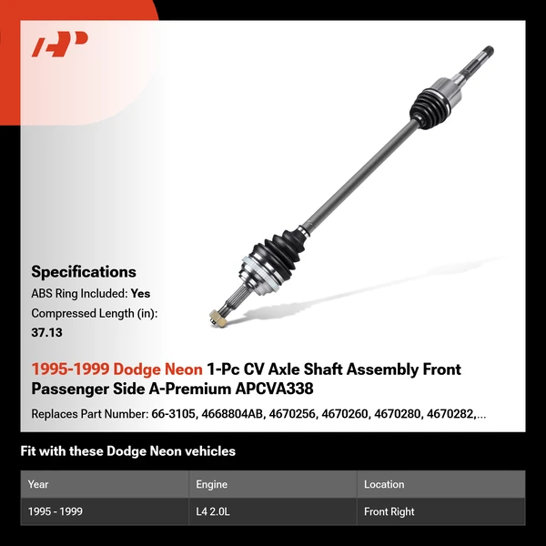 1995-1999 Dodge Neon 1-Pc CV Axle Shaft Assembly Front Passenger Side A-Premium APCVA338