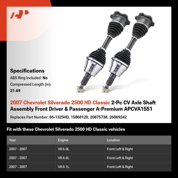 2007 Chevrolet Silverado 2500 HD Classic 2-Pc CV Axle Shaft Assembly Front Driver & Passenger A-Premium APCVA1551