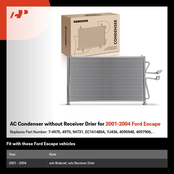 AC Condenser without Receiver Drier for 2001-2004 Ford Escape