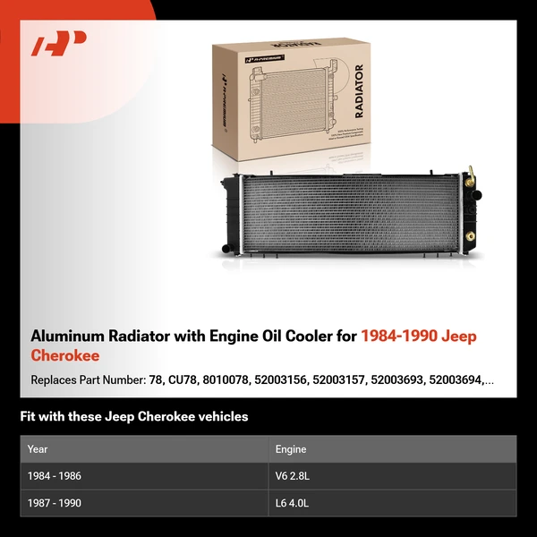 Aluminum Radiator with Engine Oil Cooler for 1984-1990 Jeep Cherokee