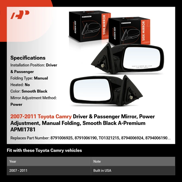 2007-2011 Toyota Camry Driver & Passenger Mirror, Power Adjustment, Manual Folding, Smooth Black A-Premium APMI1781