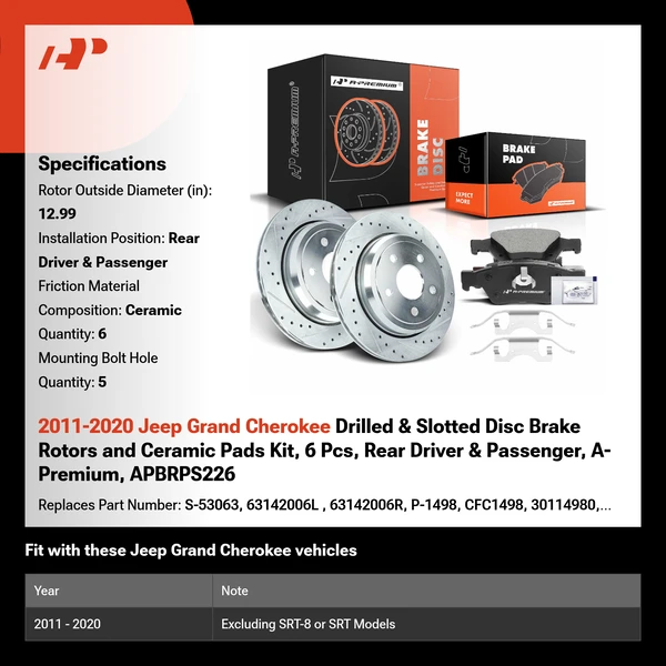 2011-2020 Jeep Grand Cherokee Drilled & Slotted Disc Brake Rotors and Ceramic Pads Kit, 6 Pcs, Rear Driver & Passenger, A-Premium, APBRPS226