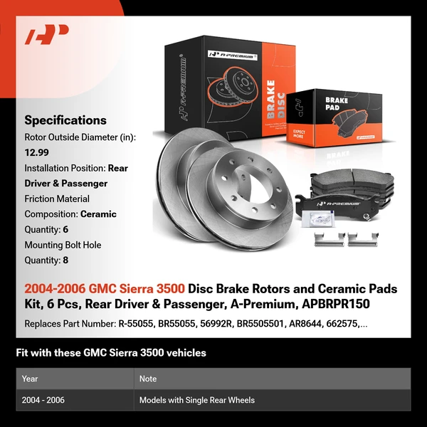 2004-2006 GMC Sierra 3500 Disc Brake Rotors and Ceramic Pads Kit, 6 Pcs, Rear Driver & Passenger, A-Premium, APBRPR150