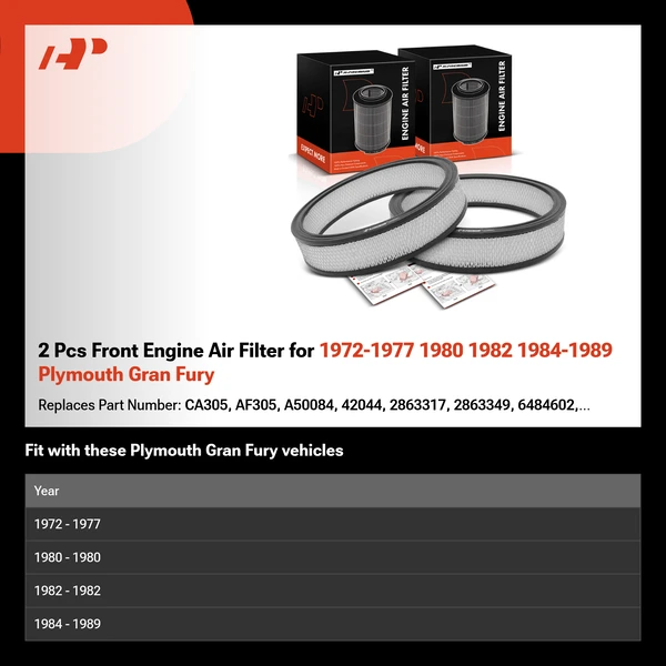 2 Pcs Front Engine Air Filter for 1972-1977 1980 1982 1984-1989 Plymouth Gran Fury