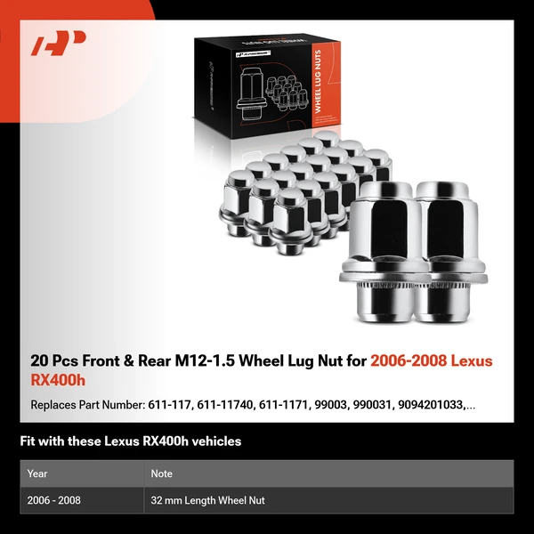 20 Pcs Front & Rear M12-1.5 Wheel Lug Nut for 2006-2008 Lexus RX400h