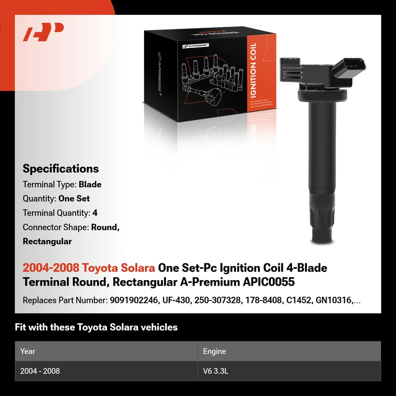 2004-2008 Toyota Solara One Set-Pc Ignition Coil 4-Blade Terminal Round, Rectangular A-Premium APIC0055