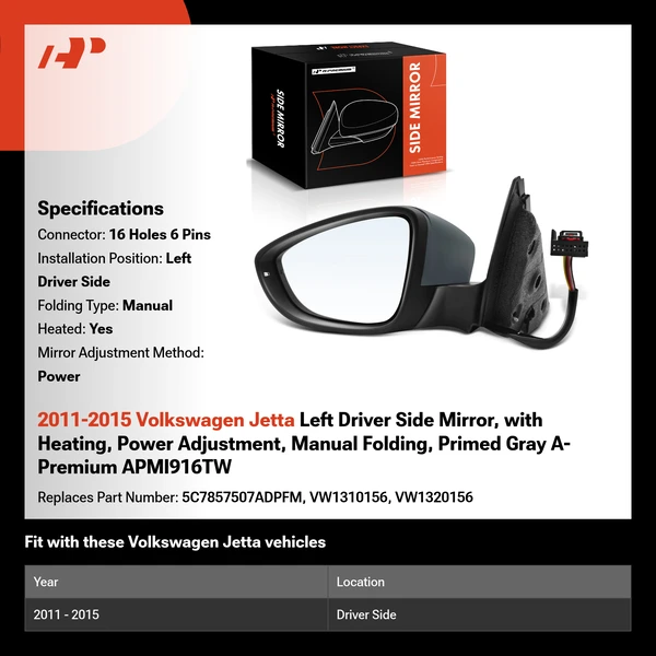 2011-2015 Volkswagen Jetta Left Driver Side Mirror, with Heating, Power Adjustment, Manual Folding, Primed Gray A-Premium APMI916TW