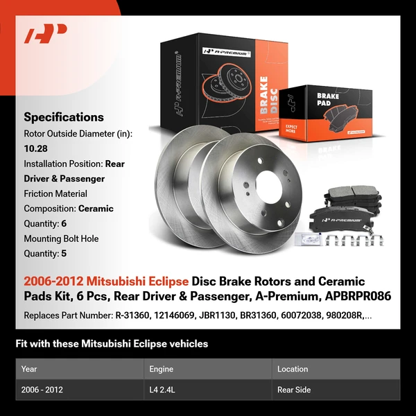 2006-2012 Mitsubishi Eclipse Disc Brake Rotors and Ceramic Pads Kit, 6 Pcs, Rear Driver & Passenger, A-Premium, APBRPR086