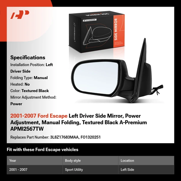 2001-2007 Ford Escape Left Driver Side Mirror, Power Adjustment, Manual Folding, Textured Black A-Premium APMI2567TW