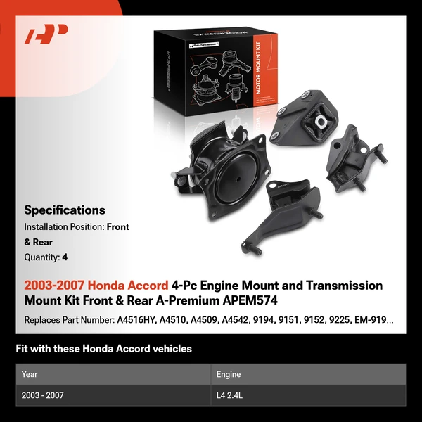 2003-2007 Honda Accord 4-Pc Engine Mount and Transmission Mount Kit Front & Rear A-Premium APEM574
