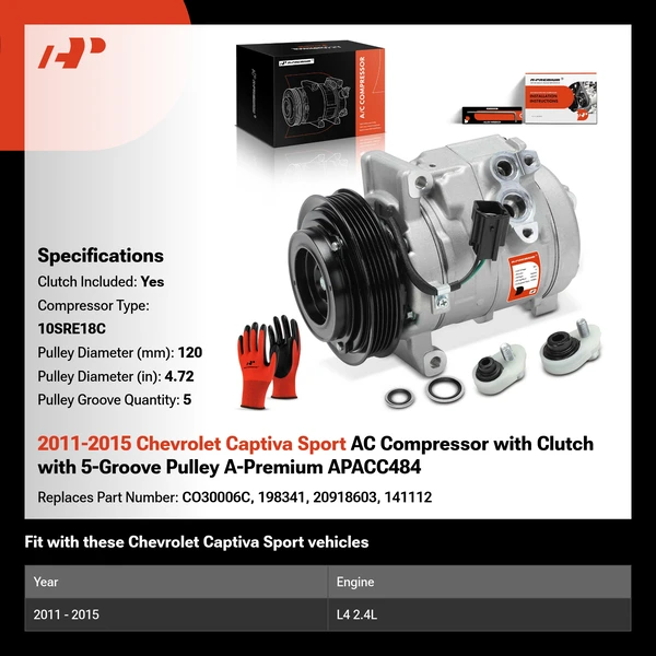 2011-2015 Chevrolet Captiva Sport AC Compressor with Clutch with 5-Groove Pulley A-Premium APACC484