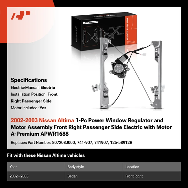 2002-2003 Nissan Altima 1-Pc Power Window Regulator and Motor Assembly Front Right Passenger Side Electric with Motor A-Premium APWR1688