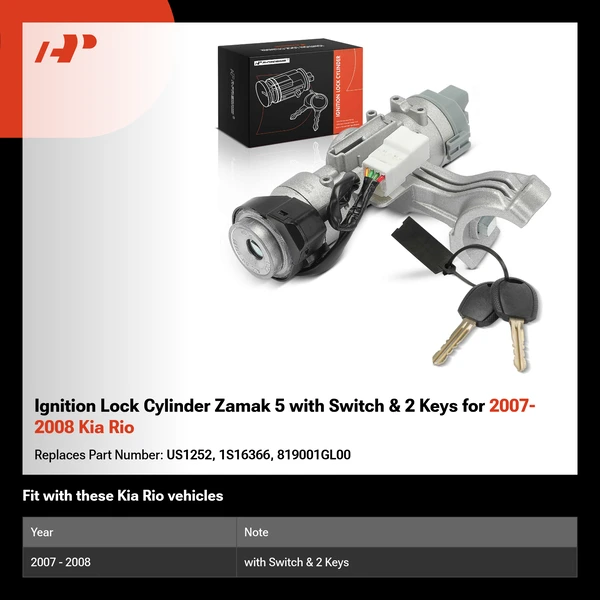 Ignition Lock Cylinder Zamak 5 with Switch & 2 Keys for 2007-2008 Kia Rio