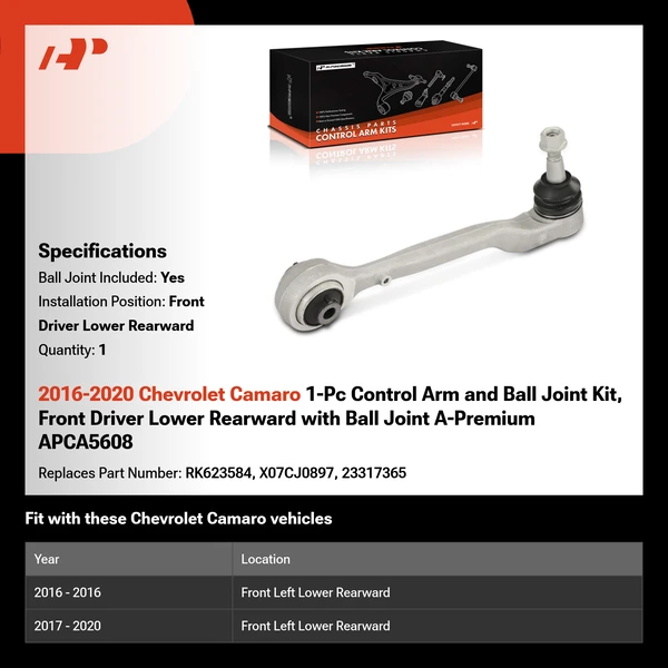 2016-2020 Chevrolet Camaro 1-Pc Control Arm and Ball Joint Kit, Front Driver Lower Rearward with Ball Joint A-Premium APCA5608