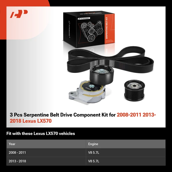 3 Pcs Serpentine Belt Drive Component Kit for 2008-2011 2013-2018 Lexus LX570