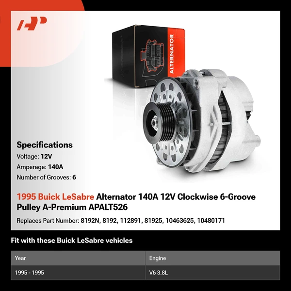 1995 Buick LeSabre Alternator 140A 12V Clockwise 6-Groove Pulley A-Premium APALT526