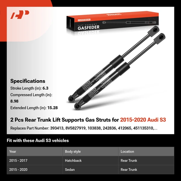 2 Pcs Rear Trunk Lift Supports Gas Struts for 2015-2020 Audi S3